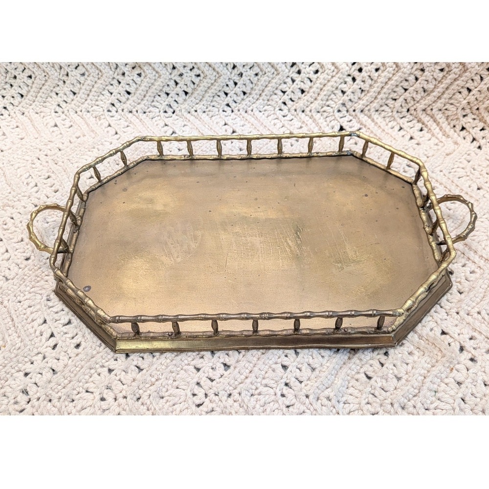 Vintage Hollywood Regency Brass Bamboo Tray Octagon Gallery Rail India 14x9